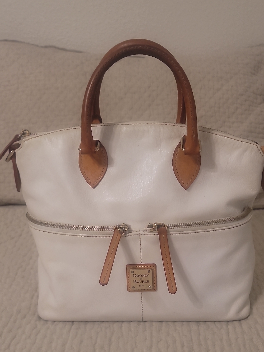 Dooney & Bourke White Leather Satchel with Brown Trim